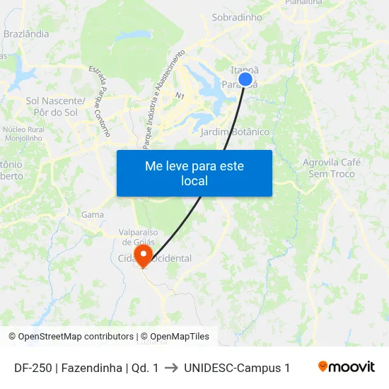 DF-250 | Fazendinha | Qd. 1 to UNIDESC-Campus 1 map