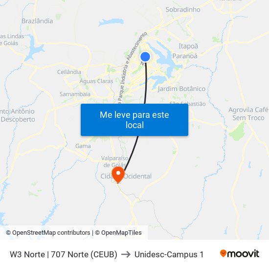 W3 Norte | 707 Norte (Ceub) to Unidesc-Campus 1 map
