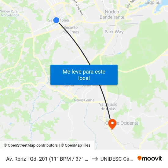 Av. Roriz | Qd. 201 (11° BPM / 37° G. Bombeiros) to UNIDESC-Campus 1 map