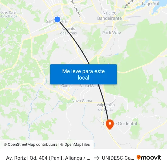 Av. Roriz | Qd. 404 (Panif. Aliança / Samambaia Mall) to UNIDESC-Campus 1 map
