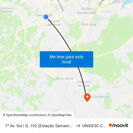 1ª Av. Sul | Q. 102 (Estação Samambaia / Castelo Forte) to UNIDESC-Campus 1 map