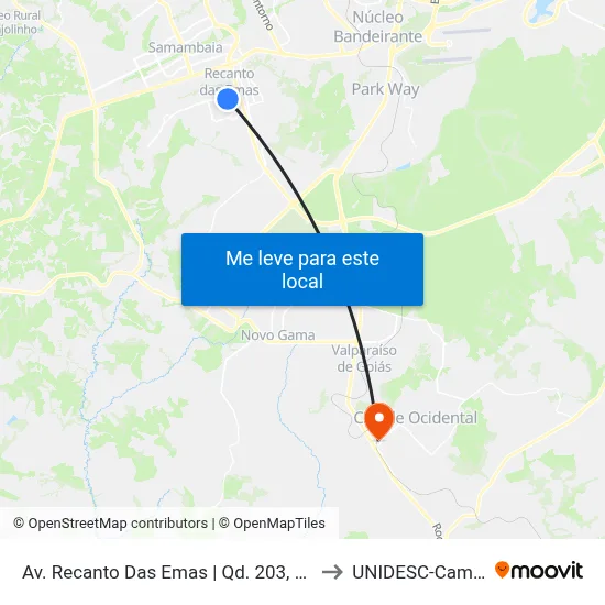 Av. Recanto Das Emas | Qd. 203, Conjunto 1 to UNIDESC-Campus 1 map