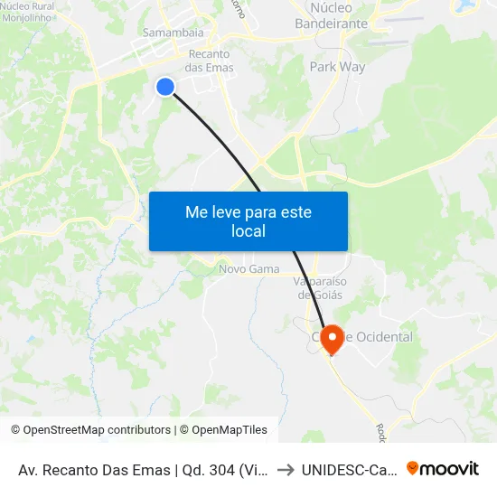 Av. Recanto Das Emas | Qd. 304 (Vivendas Express) to UNIDESC-Campus 1 map
