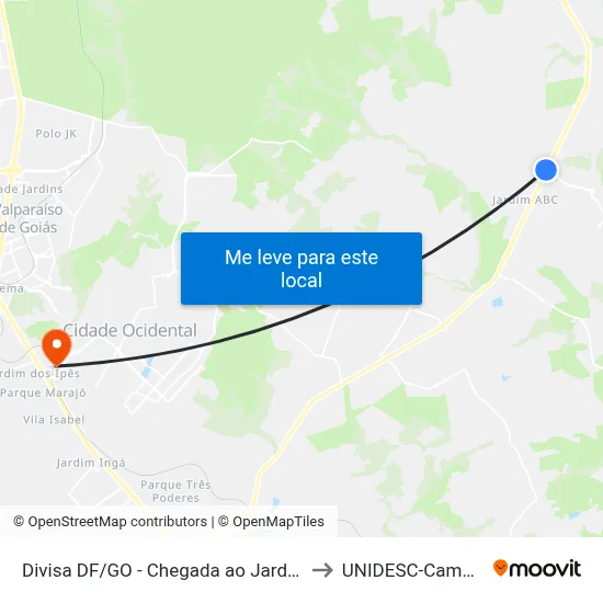 Divisa DF/GO - Chegada ao Jardim ABC to UNIDESC-Campus 1 map