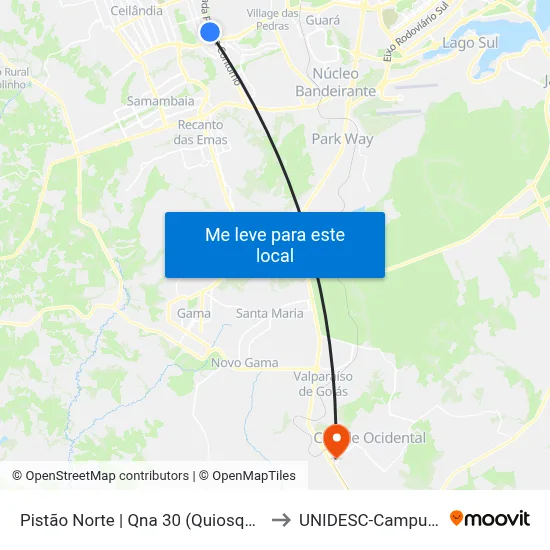 Pistão Norte | Qna 30 (Quiosques) to UNIDESC-Campus 1 map