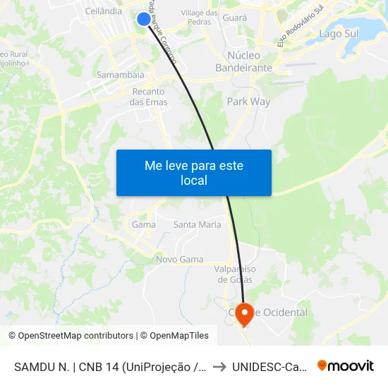 SAMDU N. | CNB 14 (UniProjeção / HRT / Fórum) to UNIDESC-Campus 1 map