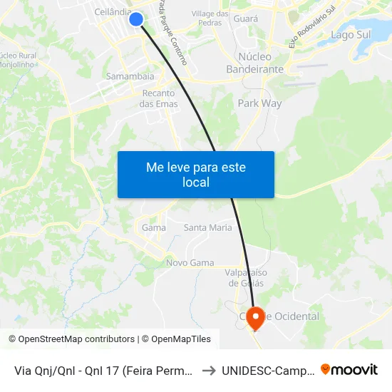 Via Qnj/Qnl - Qnl 17 (Feira Permanente) to UNIDESC-Campus 1 map
