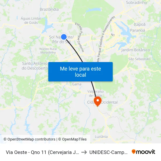 Via Oeste - Qno 11 (Cervejaria Junin) to UNIDESC-Campus 1 map