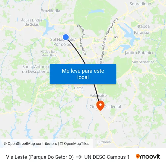 Via Leste (Parque Do Setor O) to UNIDESC-Campus 1 map