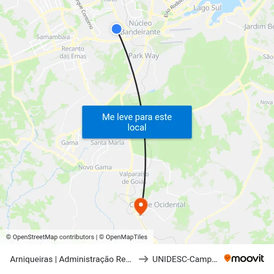 Arniqueiras | Administração Regional to UNIDESC-Campus 1 map