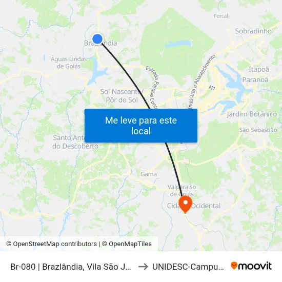 Br-080 | Brazlândia, Vila São José to UNIDESC-Campus 1 map