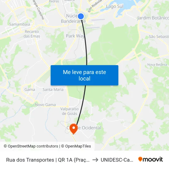 Rua dos Transportes | QR 1A (Praça do Bosque) to UNIDESC-Campus 1 map