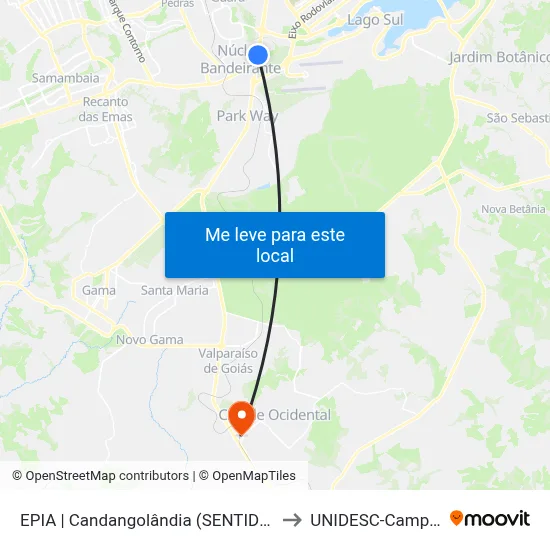 EPIA | Candangolândia (SENTIDO BSB) to UNIDESC-Campus 1 map