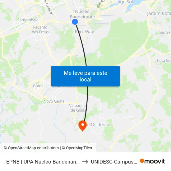 EPNB | UPA Núcleo Bandeirante to UNIDESC-Campus 1 map
