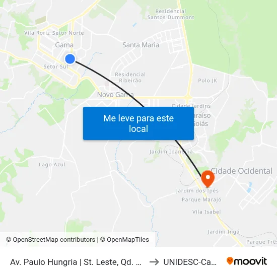 Av. Paulo Hungria | St. Leste, Qd. 38 (Ubs N°5) to UNIDESC-Campus 1 map