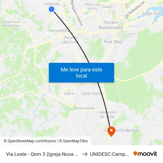 Via Leste - Qnm 3 (Igreja Nova Vida) to UNIDESC-Campus 1 map
