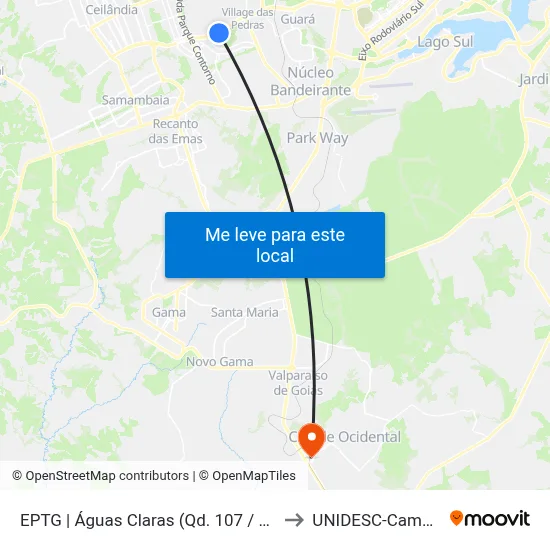 EPTG | Águas Claras (Qd. 107 / Habib's) to UNIDESC-Campus 1 map