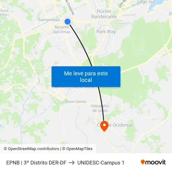 EPNB | 3º Distrito DER-DF to UNIDESC-Campus 1 map