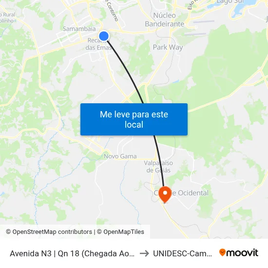 Avenida N3 | Qn 18 (Chegada Ao Riacho) to UNIDESC-Campus 1 map