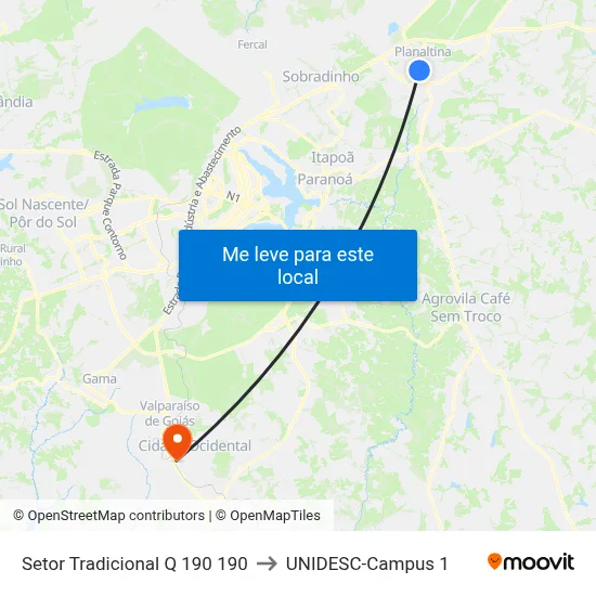 Setor Tradicional Q 190 190 to UNIDESC-Campus 1 map