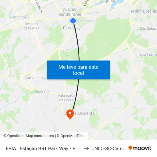 EPIA | Estação BRT Park Way / Floriculturas to UNIDESC-Campus 1 map