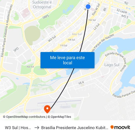 W3 Sul | Hospital SARAH Centro / SRTVS to Brasília Presidente Juscelino Kubitschek International Airport (BSB) (Aeroporto Internacional de Br map