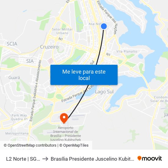 L2 Norte | Sgan 607 (Brasília Medical Center / Cean) to Brasília Presidente Juscelino Kubitschek International Airport (BSB) (Aeroporto Internacional de Br map