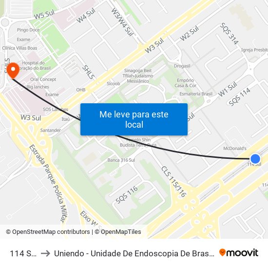 114 Sul to Uniendo - Unidade De Endoscopia De Brasília map