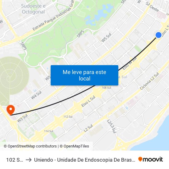 102 Sul to Uniendo - Unidade De Endoscopia De Brasília map
