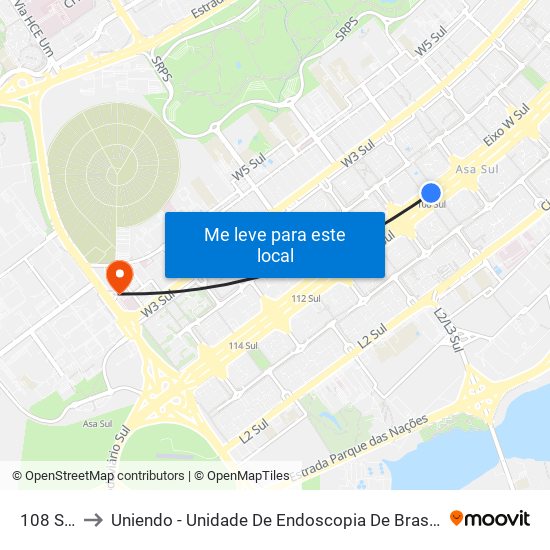 108 Sul to Uniendo - Unidade De Endoscopia De Brasília map