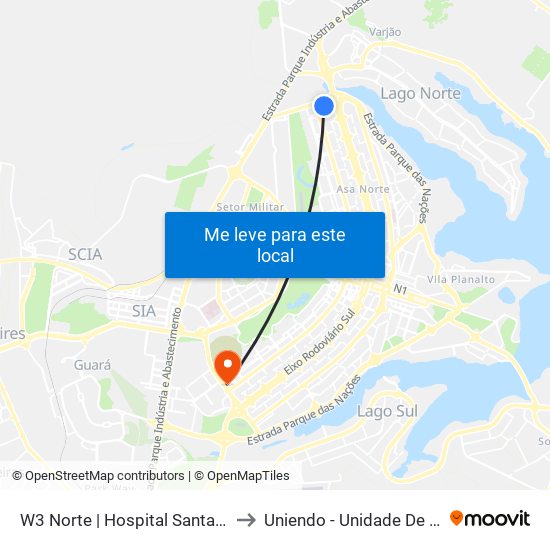 W3 Norte | Hospital Santa Helena / Santa Lúcia Norte to Uniendo - Unidade De Endoscopia De Brasília map