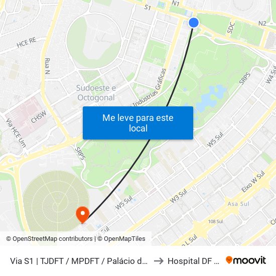 Via S1 | Tjdft / Mpdft / Palácio Do Buriti to Hospital DF Star map