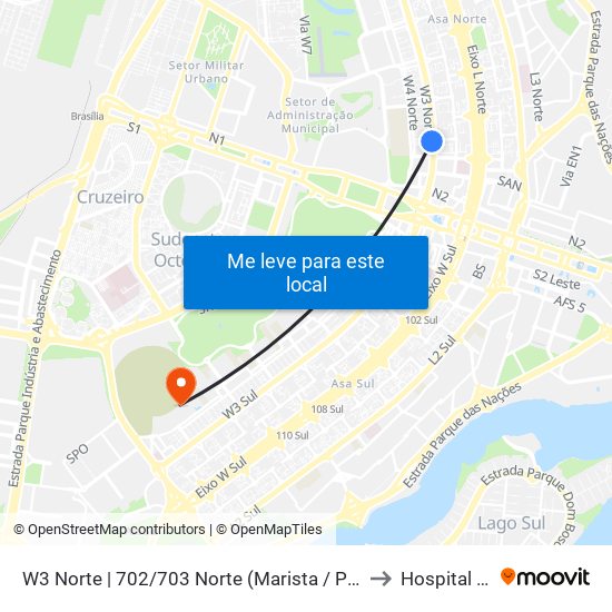 W3 Norte | 702/703 Norte (Marista / Paróquia N. Sra. Saúde) to Hospital DF Star map