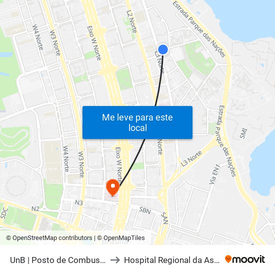 UnB | Posto de Combustíveis / Subway to Hospital Regional da Asa Norte (HRAN) map