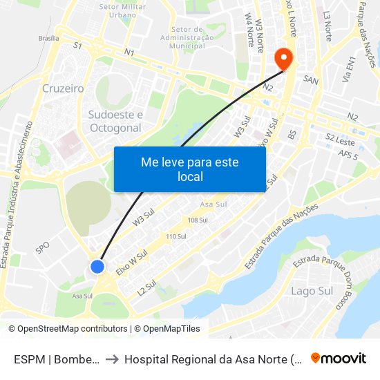 ESPM | Bombeiros to Hospital Regional da Asa Norte (HRAN) map