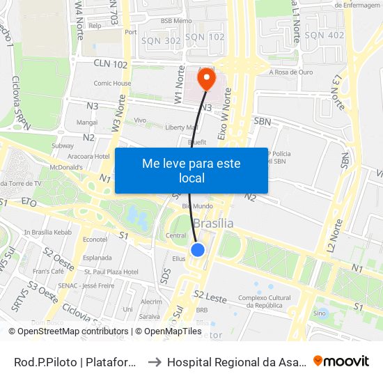 Rod.P.Piloto | Plataforma D (Box 16) to Hospital Regional da Asa Norte (HRAN) map