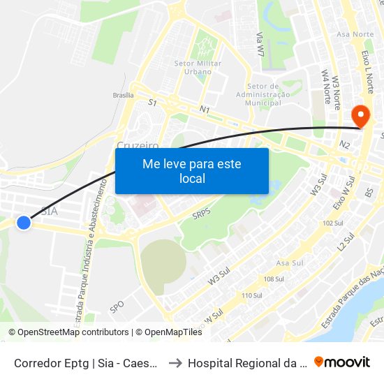 Corredor Eptg | Sia - Caesb (Sentido Taguatinga) to Hospital Regional da Asa Norte (HRAN) map