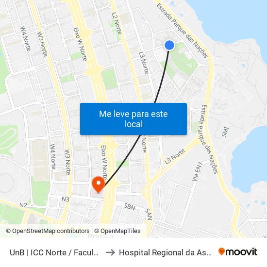 UnB | ICC Norte / Faculdade de Direito to Hospital Regional da Asa Norte (HRAN) map