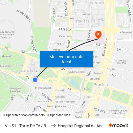 Via S1 | Torre De Tv / Brasil 21 / Shs to Hospital Regional da Asa Norte (HRAN) map