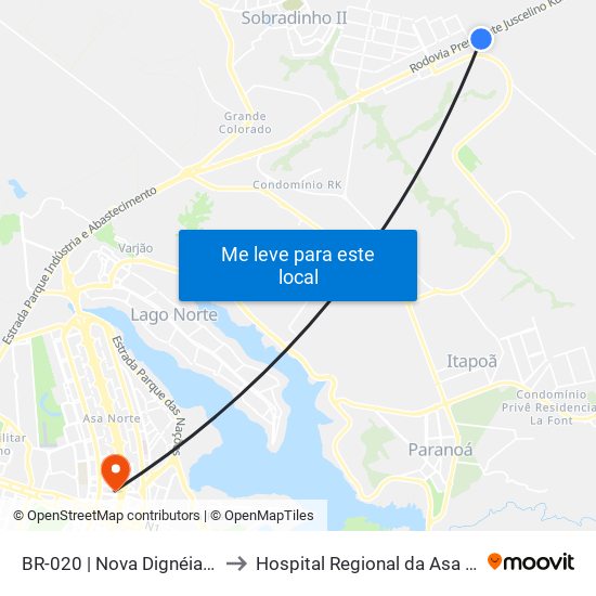 Br-020 | Nova Dignéia / Quadra 18 to Hospital Regional da Asa Norte (HRAN) map