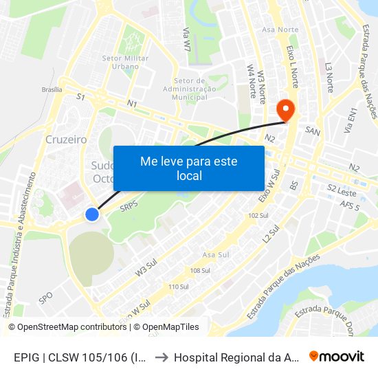 Epig | Sqsw 105 (Iml / Complexo Pcdf) to Hospital Regional da Asa Norte (HRAN) map