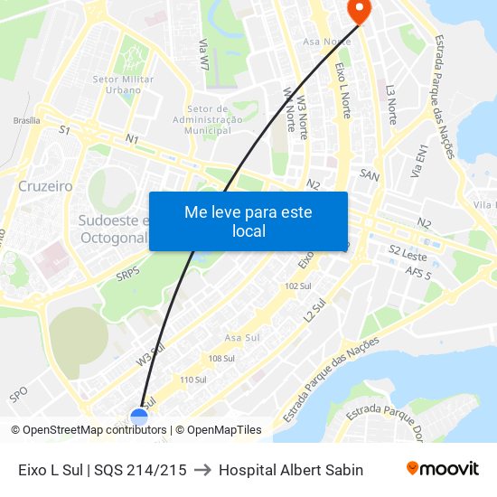 Eixo L Sul | Sqs 214/215 to Hospital Albert Sabin map