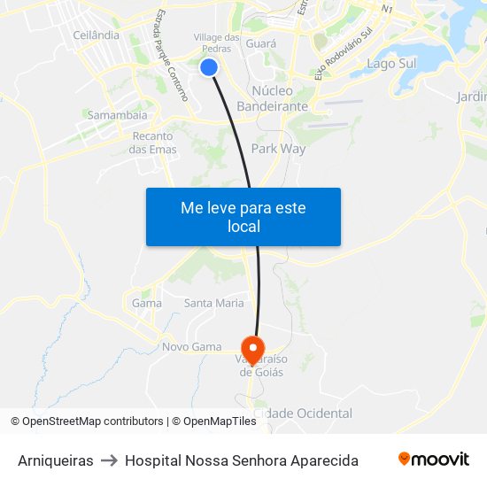 Arniqueiras to Hospital Nossa Senhora Aparecida map