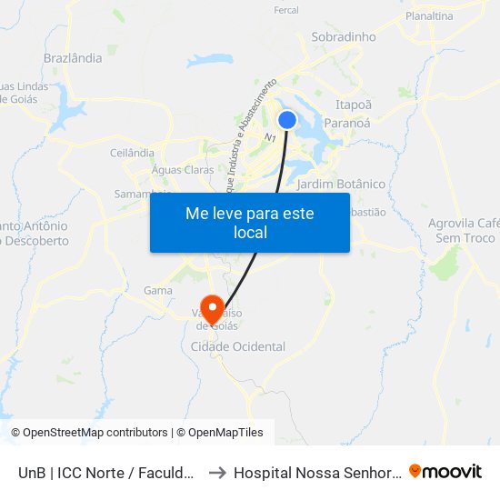 UnB | ICC Norte / Faculdade de Direito to Hospital Nossa Senhora Aparecida map