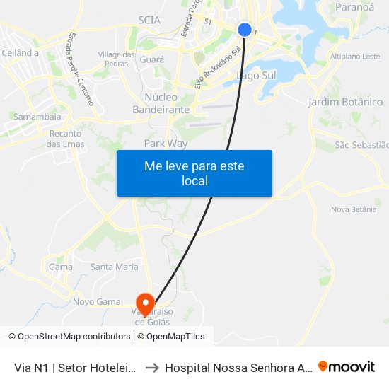 Via N1 | Setor Hoteleiro Norte to Hospital Nossa Senhora Aparecida map