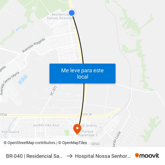 Br-040 | Residencial Santos Dumont to Hospital Nossa Senhora Aparecida map