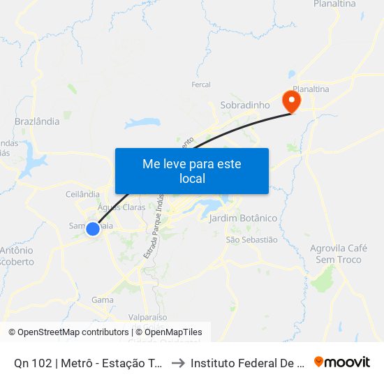 Qn 102 | Metrô - Estação Terminal Samambaia (Lado Oposto) to Instituto Federal De Brasília - Campus Planaltina map