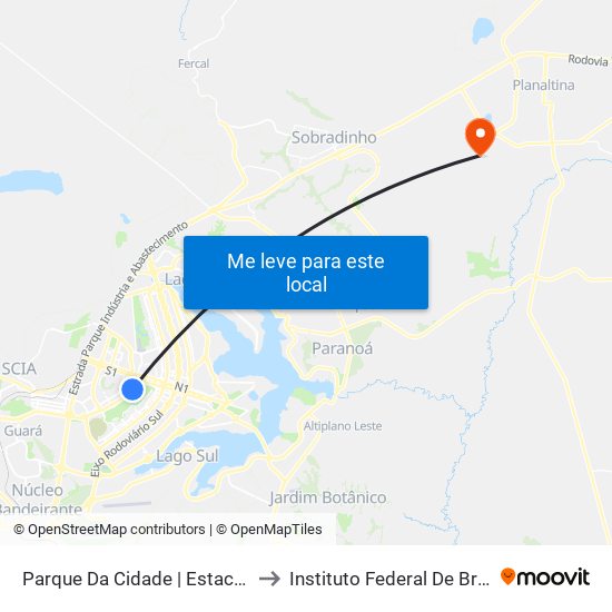 Parque Da Cidade | Estacionamento 1 (Linha Gratuita) to Instituto Federal De Brasília - Campus Planaltina map