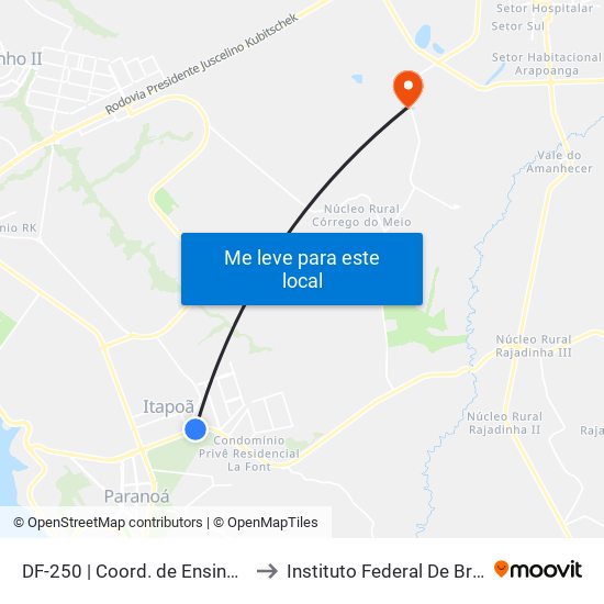 DF-250 | Coord. de Ensino do Paranoá / CED 01 Itapoã to Instituto Federal De Brasília - Campus Planaltina map