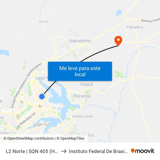 L2 Norte | SQN 405 (HUB / Pão de Açúcar) to Instituto Federal De Brasília - Campus Planaltina map